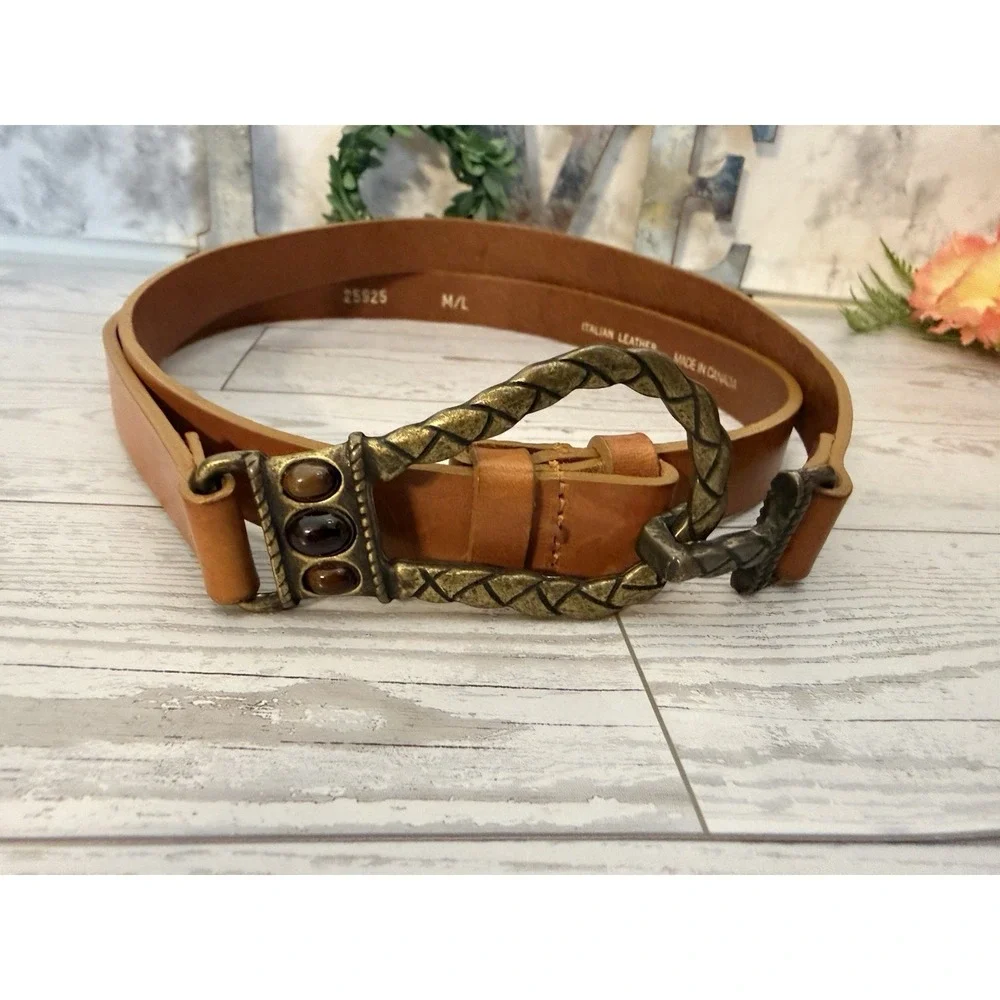 Chicos Italian Leather Brass Tone Waist Belt Size M/L Adjustable Hook Gemstones‎